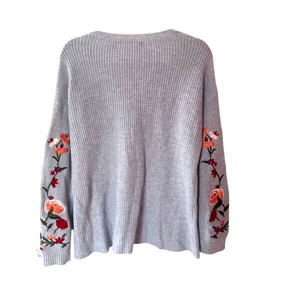 American Eagle V-Neck Floral Embroidered Sleeve Light Blue Sweater SZ M - Picture 2 of 5